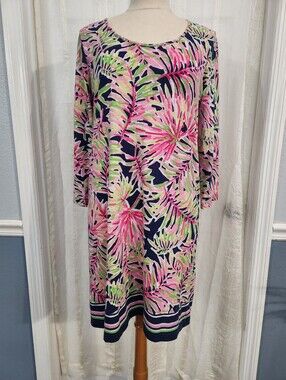 Caribbean Joe Navy Dress with Pink & Lime Palm Print